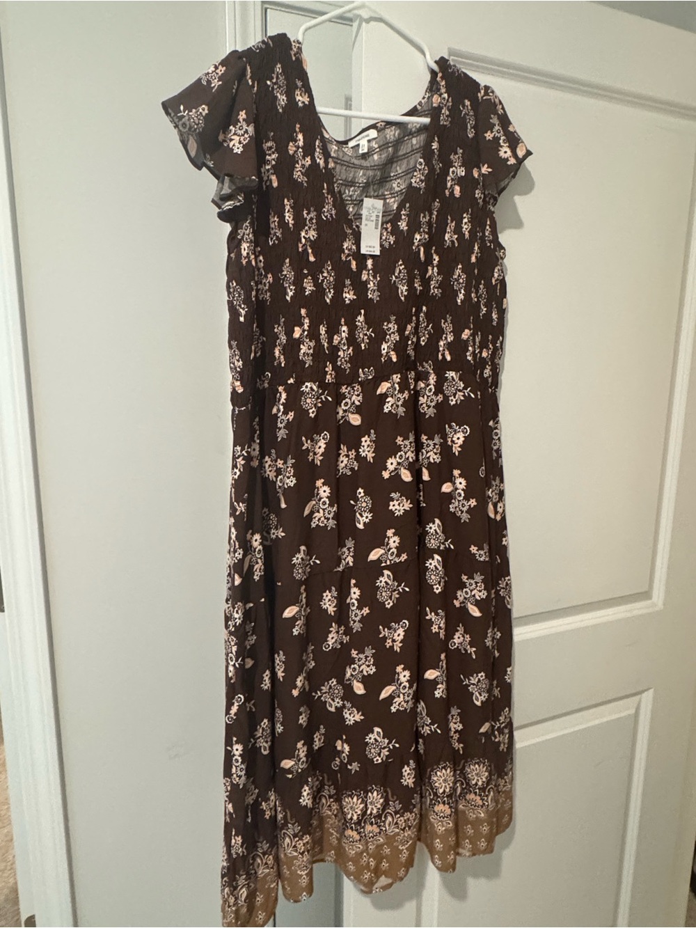 Maurices Brown Floral Midi Dress with Pink and Cream Accents
